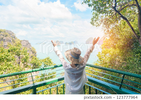 Woman tourist traveling in Krabi, Thailand. happy traveller enjoy and sightseeing view at koh Hong island viewpoint. summer trip, destination, Southeast Asia Travel, vacation and holiday concept Woman tourist traveling in Krabi, Thailand. happy traveller enjoy and sightseeing view at koh Hong island viewpoint. summer trip, destination, Southeast Asia Travel, vacation and holiday concept 123777964