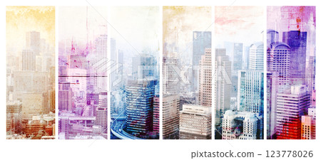 Set of banners with old paper texture and skyscrapers. Collection of grunge retro banner with urban scene. Vintage backdrops set with metropolis. Multifaceted perspective on cityscape concept 123778026