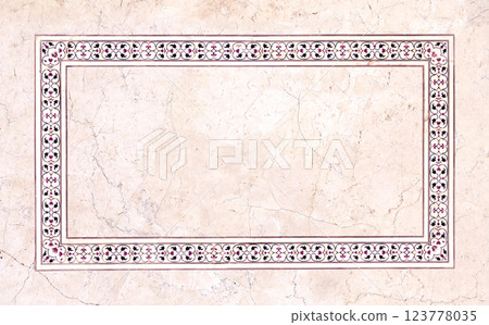 Frame with ancient tile decor on marble wall. Vertical or horizontal border with floral ornament. Mock up frame template. Copy space for text Frame with ancient tile decor on marble wall. Vertical or horizontal border with floral ornament. Mock up frame template. Copy space for text 123778035