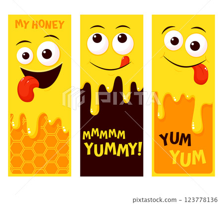 Set of honey banner with yummy emoji. Smiling yummy emoticon on yellow background. Inscription Yum yum. Tasty food, gourmet enjoying taste. Can be used with t-shirt, stickers, card design. Vector EPS8 123778136