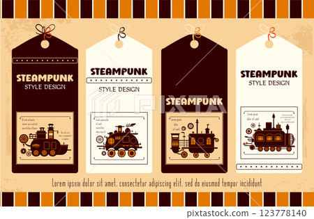 Set of tag in retro style with steam engine machines. Collection of vintage label with steampunk style steam powered carriage silhouettes. Can be used for scrapbooking, card, tag, sticker. Vector EPS8 123778140
