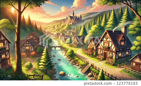 Beautiful medieval European village and fantastic castle 123778183