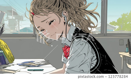 A high school girl who is bullied at school and is feeling down 123778284