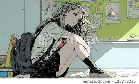 A high school girl who is bullied at school and is feeling down 123778286