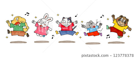 跳躍的動物角色(貓、狗、老鼠、兔子、浣熊) 跳躍的動物角色(貓、狗、老鼠、兔子、浣熊) 123778378