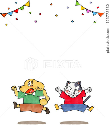 Jumping dog and cat copy space Jumping dog and cat copy space 123778380