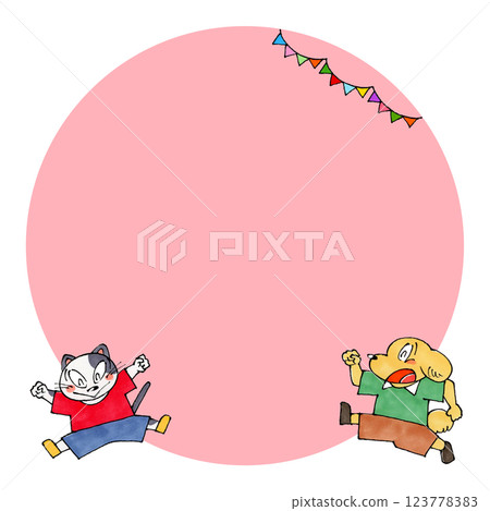 Jumping dog and cat copy space (pink) Jumping dog and cat copy space (pink) 123778383