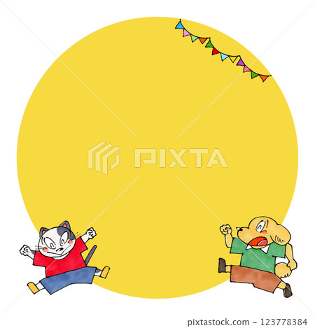 Jumping dog and cat copy space (yellow) 123778384