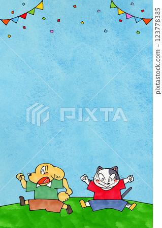 Jumping dog and cat copy space (blue sky) 123778385