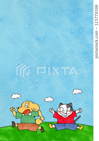 Jumping dog and cat copy space (blue sky) 123778386