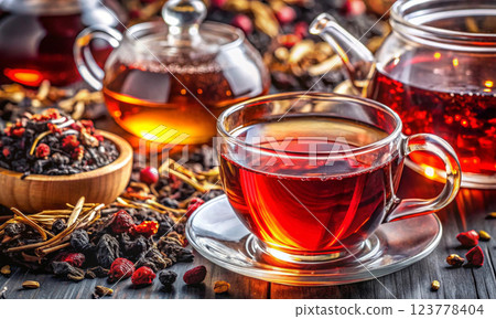 Tea still life in red tones with transparent cups and a teapot 123778404