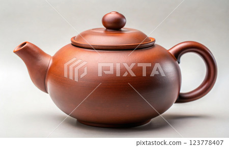 Chinese teapot made of red clay on a light background Chinese teapot made of red clay on a light background 123778407