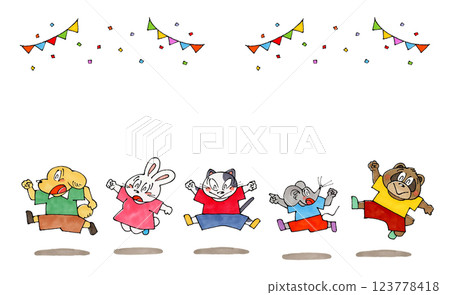 Jumping animal characters (cat, dog, mouse, rabbit, raccoon dog) Copy space (blank space) 123778418