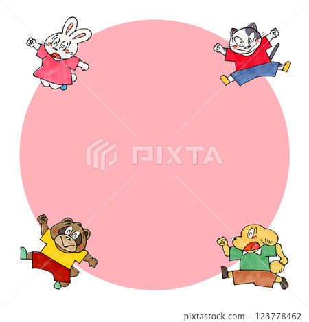 Jumping animal characters (cat, dog, rabbit, raccoon dog) Copy space (pink) 123778462