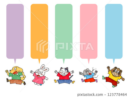 跳躍的動物角色（貓、狗、老鼠、兔子、浣熊）對話泡泡 123778464