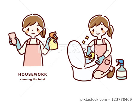 手繪插圖：一名婦女在打掃廁所 123778469