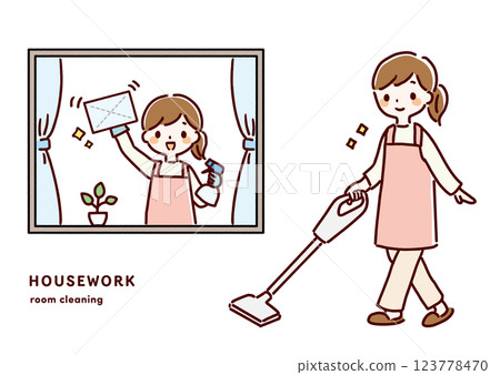 Hand-drawn illustration of a woman cleaning Hand-drawn illustration of a woman cleaning 123778470