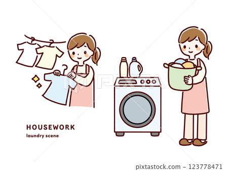 Hand drawn illustration of a woman doing laundry 123778471