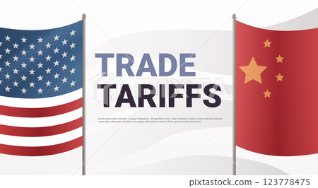Flags of USA and China trade conflict concept illustration. American and Chinese flags on poles with abstract background 123778475