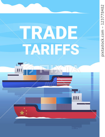Container ships trade war concept illustration. Two cargo vessels with national flags navigate calm ocean under blue sky. Digital design for thematic content Container ships trade war concept illustration. Two cargo vessels with national flags navigate calm ocean under blue sky. Digital design for thematic content 123778482