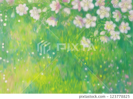 櫻花盛開、綠樹成蔭的春天背景 櫻花盛開、綠樹成蔭的春天背景 123778825