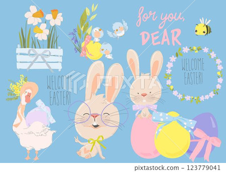 Happy Easter Set with Cute Bunny and Flowers Happy Easter Set with Cute Bunny and Flowers 123779041