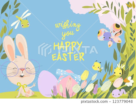Happy Easter Greeting Card with Cute Bunny Happy Easter Greeting Card with Cute Bunny 123779048
