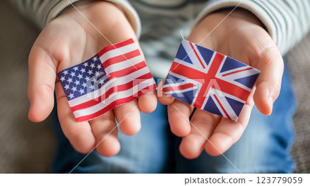 American and English flag on children hand. Learning English language. American and English flag on children hand. Learning English language. 123779059