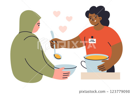 Vector illustration of volunteer serving soup to homeless person. Charity and donation concepts, humanitarian aid, social support, community help, food assistance. Flat cartoon characters, generosity 123779098