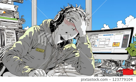 Perplexed technician facing technical problems and shrugging 123779104