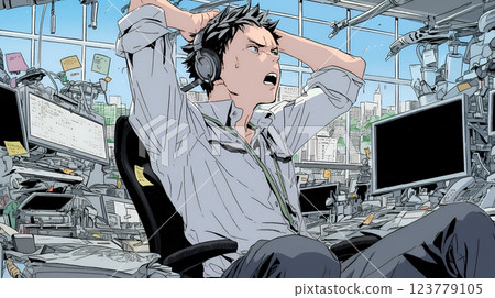 困惑的技術人員面臨技術問題，聳聳肩 123779105