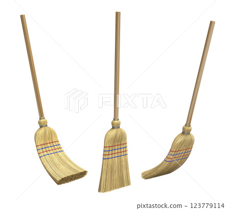 Straw broom in different positions on white background - 3d illustration Straw broom in different positions on white background - 3d illustration 123779114