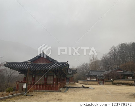 Tranquil Yeongoksa Temple Scenery on a Rainy Day 123779172