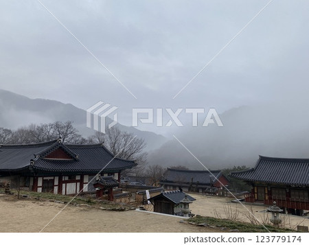 Tranquil Yeongoksa Temple Scenery on a Rainy Day 123779174