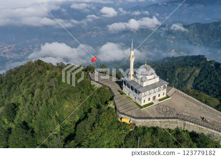 Footage of the mosque on Rize Qibla Mountain, also known as the mountain mosque and prayer hill, a tourist center visited by many people. 123779182