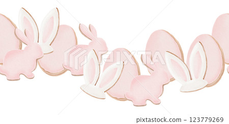 Easter seamless gingersnap cookie border with icing in the shape of a bunny, egg, bunny ears as a symbol of spring, hope and renewal.Watercolor illustration is hand drawn on a transparent background Easter seamless gingersnap cookie border with icing in the shape of a bunny, egg, bunny ears as a symbol of spring, hope and renewal.Watercolor illustration is hand drawn on a transparent background 123779269
