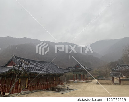 "Tranquil Yeongoksa Temple Scenery on a Rainy Day" "Tranquil Yeongoksa Temple Scenery on a Rainy Day" 123779319