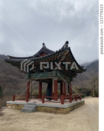 "Tranquil Yeongoksa Temple Scenery on a Rainy Day" "Tranquil Yeongoksa Temple Scenery on a Rainy Day" 123779323