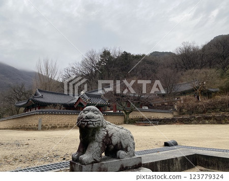 "Tranquil Yeongoksa Temple Scenery on a Rainy Day" "Tranquil Yeongoksa Temple Scenery on a Rainy Day" 123779324