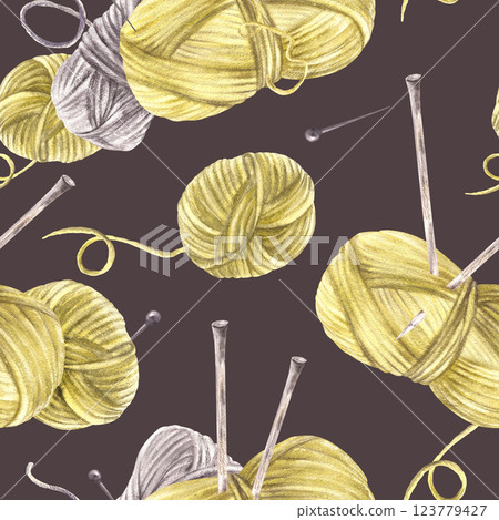 Skeins of yarn with knitting needles, threads, pins seamless pattern. Grey and green hobby yarn balls. Watercolor hand drawn illustration for handicraft wrapping paper on Isolated dark background 123779427