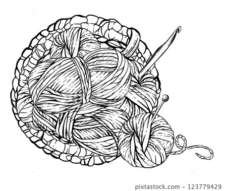 Skeins of knitting thread with needles, ball of yarn in crocheted wicker basket. Vector black line art hand drawn illustration. Hobby knitting clipart for handicraft labelling isolated from background 123779429