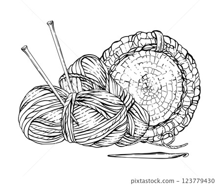 Hobby knitting vector clipart. Skeins of knitting thread with needles, ball of yarn in crocheted wicker basket. Hand drawn illustration for handicraft labelling, card, label. Isolated from background 123779430