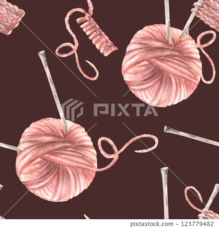 Knitting seamless pattern. Pink ball of yarn, clew. Knitted fabric with knitting needles, thread. Watercolor hand drawn illustration. Handmade hobby product labelling, fabric. Isolated dark background 123779482
