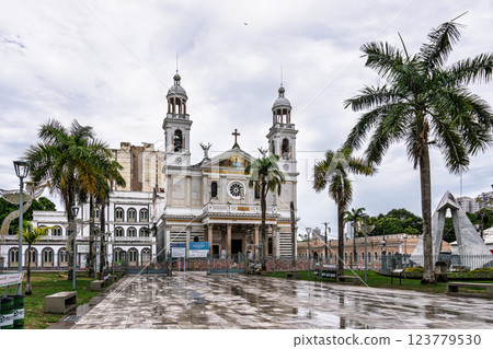 White facade of the Basilica of Our Lady of Nazareth at Belem, Brasil. 123779530