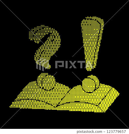 Pixel library literature silhouette icon. Open book with question and exclamation marks. Simple black and yellow vector isolated on black Pixel library literature silhouette icon. Open book with question and exclamation marks. Simple black and yellow vector isolated on black 123779657