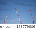 A construction site crane visible beyond the power lines 123779686