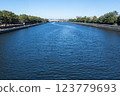 A river near its mouth at high tide 123779693