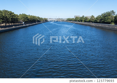 A river near its mouth at high tide 123779693