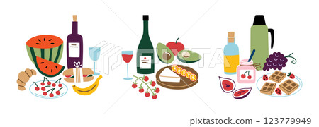 Vector illustration of picnic food with fruits, bread, wine, tea, and snacks. Fresh and delicious meals for outdoor gatherings and summer parties. Picnic compositions set in flat cartoon style Vector illustration of picnic food with fruits, bread, wine, tea, and snacks. Fresh and delicious meals for outdoor gatherings and summer parties. Picnic compositions set in flat cartoon style 123779949