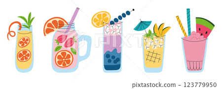 Vector illustration of five colorful summer cocktails with fruit, ice, and decorative elements. Refreshing alcohol drinks with berries for parties, holidays, tropical themes. Flat cartoon mocktails 123779950